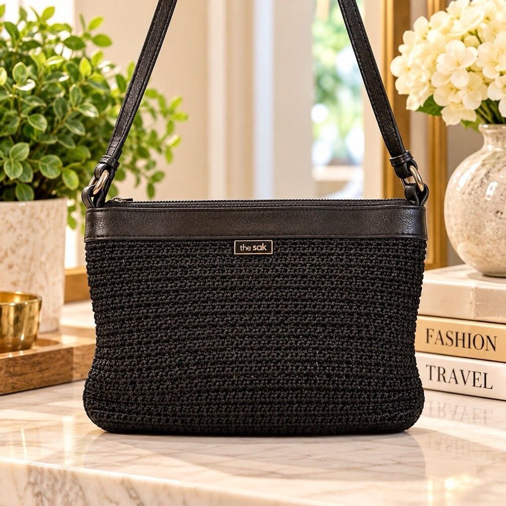 The SAK Black Crochet Elliot Luca Handbag Bag Boho Excellent Condition Y2K Retro